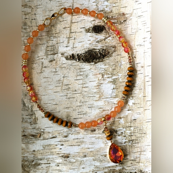 Orange Jade, Czech And Glass Beads and Orange Crystal AB Necklace - Picture 8 of 9